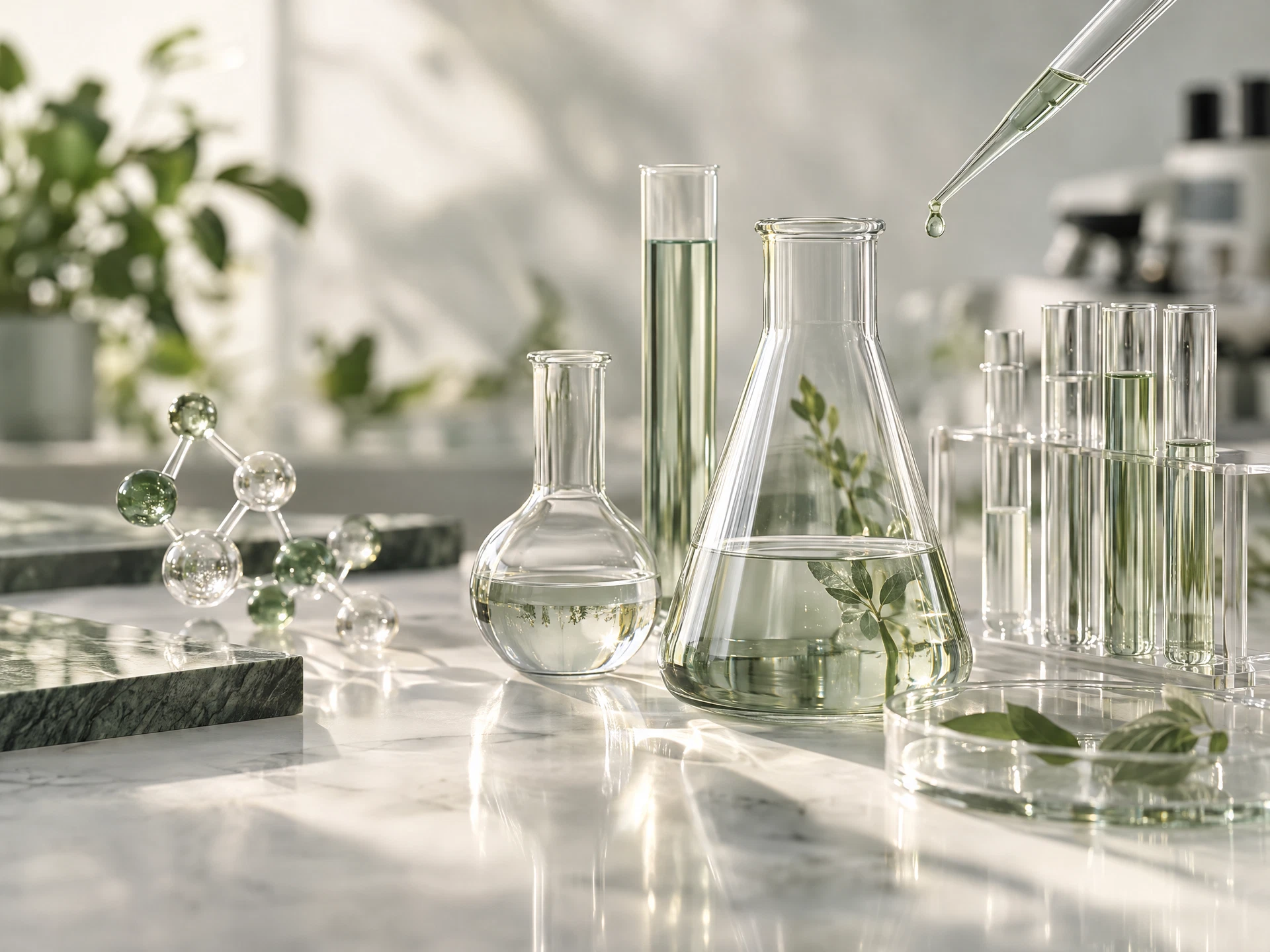 Editorial still life of laboratory glassware and a pipette in a research setting